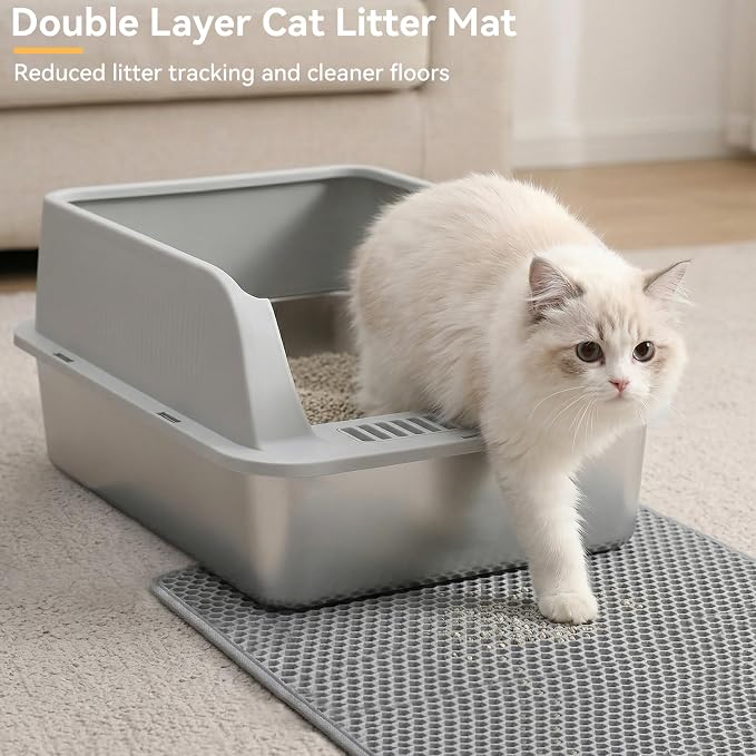 Stainless Steel Litter Box, XL High Sided Enclosed Cat Litter Boxes with Lid for Big Cats, Anti-Urine Leakage Includes Litter Mat & Metal Scoop