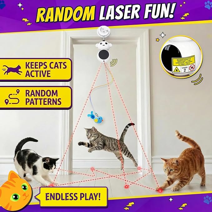 2-in-1 Interactive Laser Pointer Cat Toy & Flying Bird Wand for Indoor Cats | No-Drill Doorway Play with Adjustable Speed, USB Rechargeable, Smart Auto-Pause, Bird & Mouse Attachments