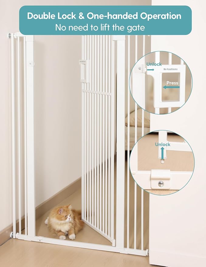No Pawblems 55" Extra Tall Pet Gate, 29"-43" Wide Dog Gate Indoor, White | NO Drilling Pressure Mounted, One-handed Operation, 1.37" Pet-Safe Gap, Auto Close Cat Gate for Doorway Hallway, Dual-Lock