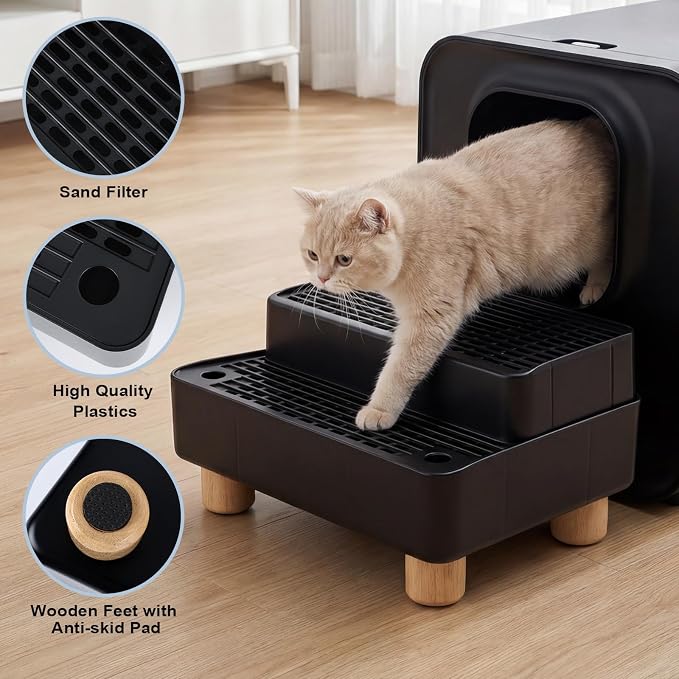 Adjustable Litter Box Step, Cat Litter Box Ramp/Catcher with Wooden Feet | 2 Steps,Fits Automatic Litter Box Steps, Filter Function, Anti-Tracking, Easy to Clean, For Small & Elderly Cats