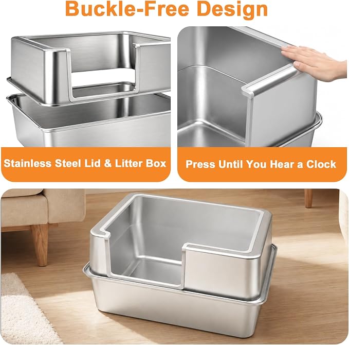 Stainless Steel Cat Litter Box with Metal Lid,Anti-Urine Leakage,High Side
