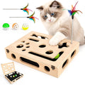 Cat Scratch Puzzle Enrichment Box, Wooden Interactive Toy for Indoor Cat | Cat Nail File Scratcher Box Include 2 Feather Wands & 3 Bell Balls, Claw Saver Box with Sandpaper Nail Trim for Cats & Kitten
