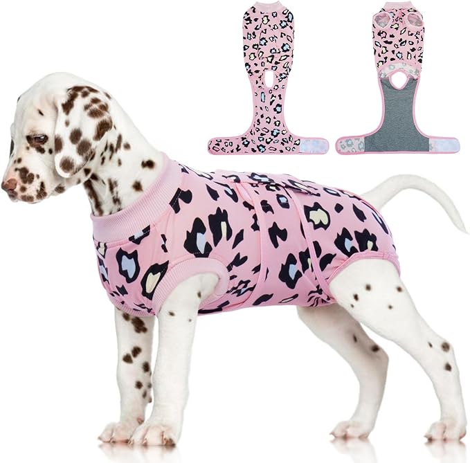 FUAMEY Dog Recovery Suit, Soft Surgical Suit for Dogs Onesie for Surgery | Cone Alternative after Surgery, Abdominal Wound Protector, Anti Lick Suit, Dog Onesie for Surgery Female Male Pink Leopard XS