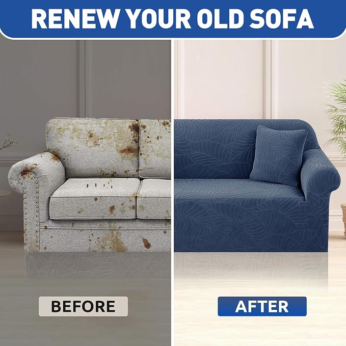 YEMYHOM Couch Cover Latest Jacquard Design High Stretch Sofa Covers for 2 Cushion Couch, Pet Dog Cat Proof Loveseat Slipcover Non Slip Elastic Furniture Protector (Medium, Begonia Leaf Navy)