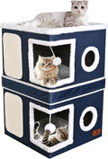 2-Story Cat House for Indoor Cats, Dual-Purpose Cat Cave Bed with Scratch Pad and Fluffy Ball, Foldable Cat Hideaway, Cute Cat Condo Furniture for Multi Small Pet Kitten, Blue