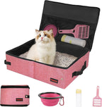Portable Cat Travel Litter Box. Zipped Lid, Collapsible Litter Box for Cats. No Leakage, No Smell. Easy to Carry. Used for Hotels, Camping, Car (Pink,L)