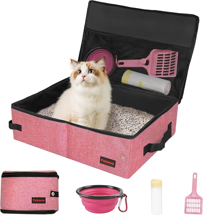 Portable Cat Travel Litter Box. Zipped Lid, Collapsible Litter Box for Cats. No Leakage, No Smell. Easy to Carry. Used for Hotels, Camping, Car (Pink,L)
