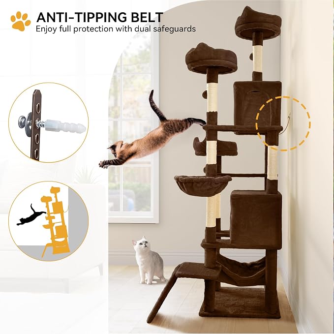 YITAHOME 75-Inch Tall Cat Tree Indoor | Multi-Level Cat Tower with Kitty Condos, Top Perches, Sisal Ramp, Scratching Posts & Cozy Basket Hammocks, Black