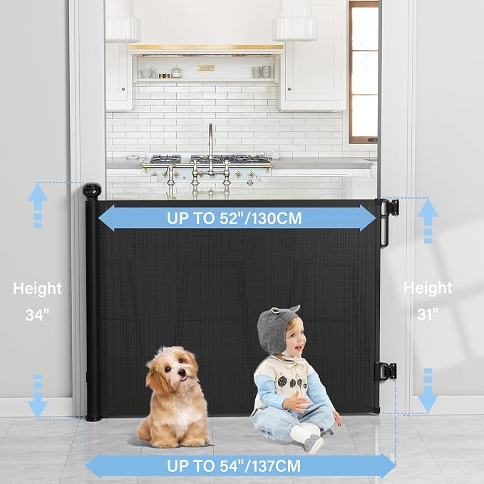 PRObebi Retractable Baby Gates for Stairs, Dog Gates Extend to 54" Wide 34" Tall, Black