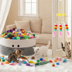 Leitee 15.2" X 10" X 8" 100 Pcs Cat Bed Storage Basket Gift Cat Variety Toys Set Cotton Rope Basket, Fish Mice Pet Bell Colorful Crinkle Balls Spring Toy for Kitten Swat Interactive (Basic,Grey,White)