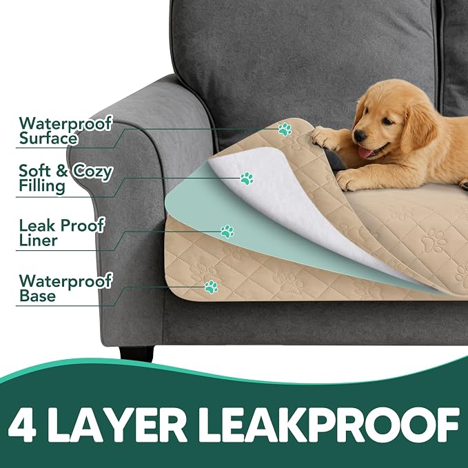 PAWFINITY Waterproof Bed Cover for Dogs, Pet Blanket for Mattress Washable | Paw Print Quilted, Hair Resistant, Anti Cat Scratch, Pee Proof Furniture Protector for Bed, Couch and Sofa, 52x82 Inch, Beige