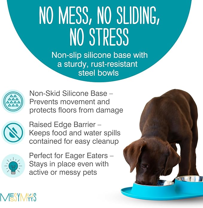 Messy Mutts Double Silicone Dog Feeder, Stainless Bowls, Large, Blue | Non-Slip Silicone Double Dog Feeder With Two Removable Stainless Steel Bowls For Food And Water