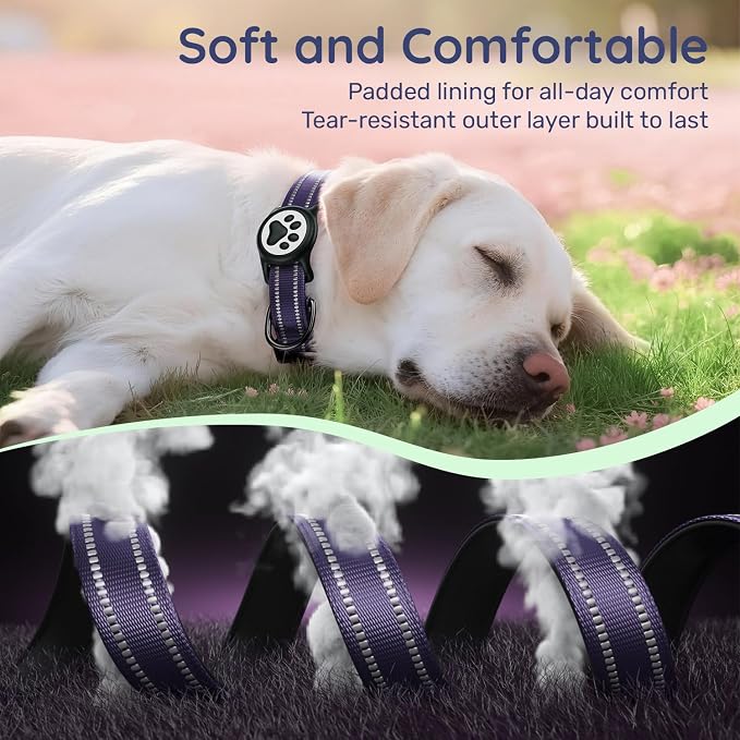 Airtag Dog Collar, Reflective Ultra-Durable Nylon Padded with QR Code Buckle & IP68 Waterproof Air Tag Holder Compatible for Apple AirTag, Comfortable for Small Medium Large Dogs(Purple,S)