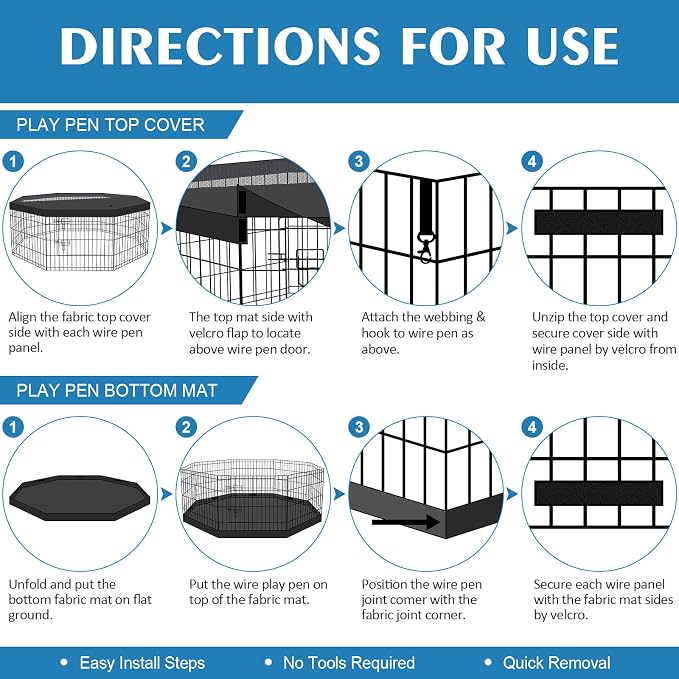 Peekaboo Dog Playpen 24" H 8-Panel with Top Cover & Bottom Pad, Black | 24 Inch 8 Panel Foldable Rustproof Metal Dog Playpen with Top Cover and Waterproof Bottom Pad