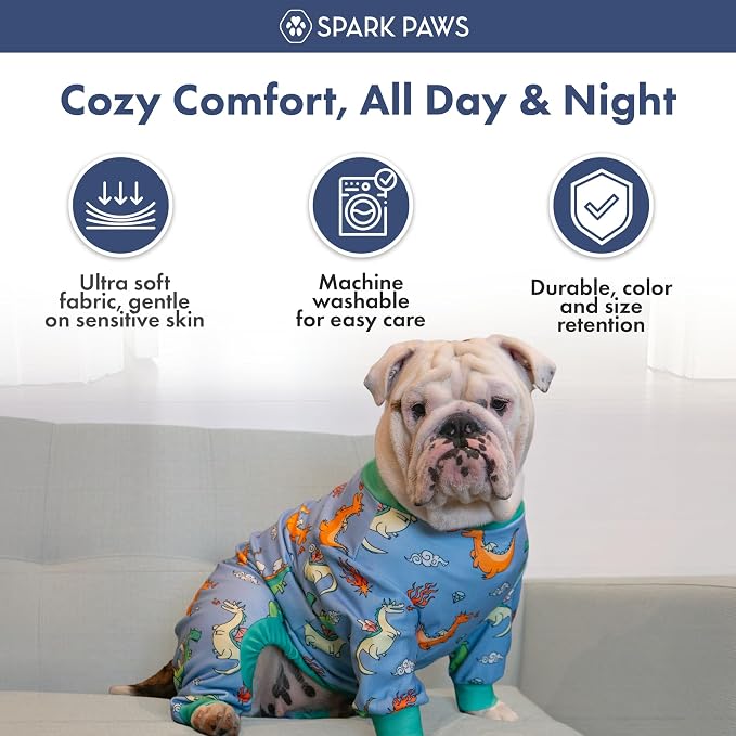Spark Paws Dog Pajama, Dog Recovery Suit Male, Onesie, Ultra-Soft and 4-Way Stretch, for Small Medium and Large Breeds - Dragons - 3XL