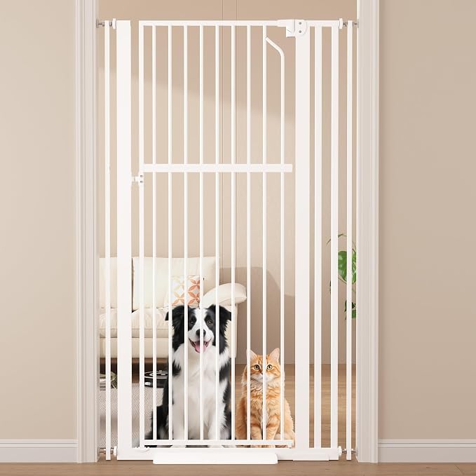 Floisdace 63" Extra Tall Pet Gate for Cat/Dog, Adjustable 29.9-37.4" Wide Auto Close Tall Cat Gate, No Drilling Pressure Mount Kit, Dog Gate for Doorways, Hallways, Kitchen, White