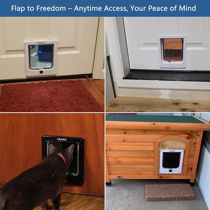 CEESC Medium Cat Door for Interior/Exterior, for Pets <15.75", Black | Rotary 4-Way Lock, Weatherproof, Fits doors 1.26-2.14", Adjustable tunnel depth, Upgraded version
