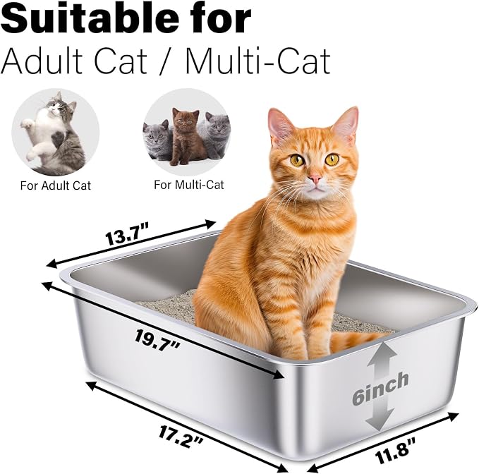 Stainless Steel Litter Box 2 Pack, Large Metal Litter Box | 20"x14"x6", Easy to Clean, Non Stick No Smell Cat Litterbox for Cats/Kitty