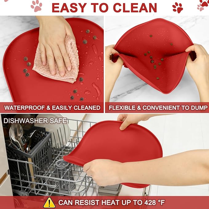 SMILOOL Small Silicone Pet Food Mat with Raised Edge for Food and Water Bowl, Square Dog Feeding Mats, Cat Food Trays for Floor Waterproof, Rubber Tray for Dogs and Cats, 12 x 12 x 0.7 Red