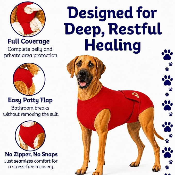 SurgiSnuggly Surgery Recovery Suit for Dogs, Female Spay or Male Neuters, A Surgical Onesie E Collar Dog Cone Alternative for After Surgery Procedures Fits Large, XL and Giant Dogs - 2XL Red EC