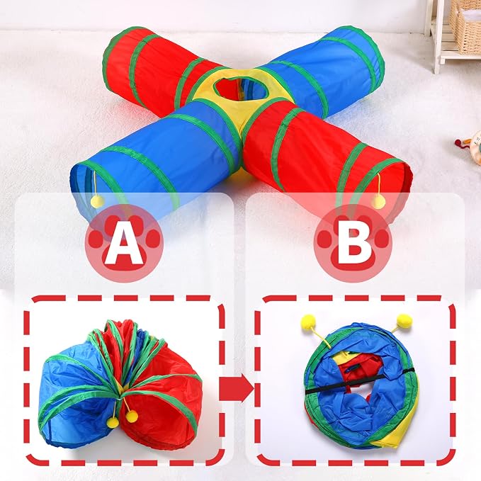 Pet Cat Tunnel, 4 Way Tunnels for Indoor Cats, Collapsible Pet Tunnel for Kitten, Puppy, Rabbit, 25cm-Wide Tunnels, Durable & Breathable, with Peek Hole Toy Ball