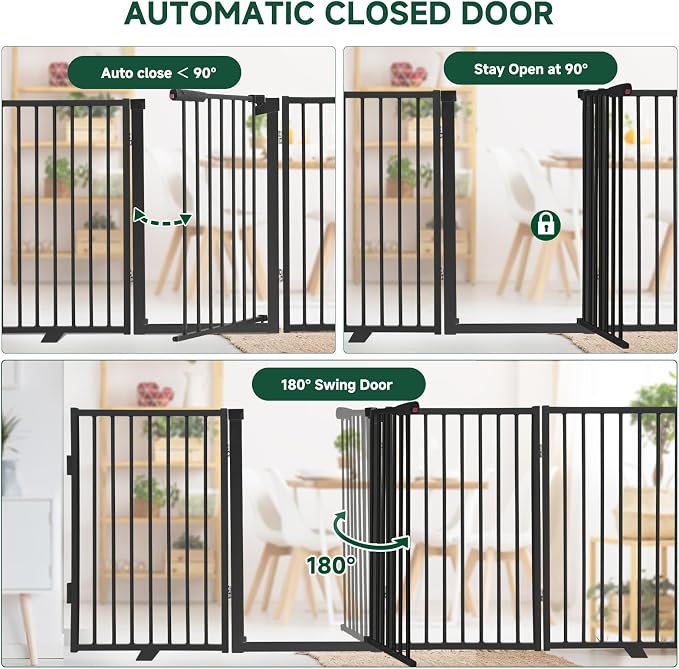 Snagle Paw Metal Freestanding Dog Gate with Door, 80” W x 24” H Dog Fence with Support Feet for Doorways, Stairs and Hallways, Portable Pet Gate for Indoor Use (4 Panel, Black)