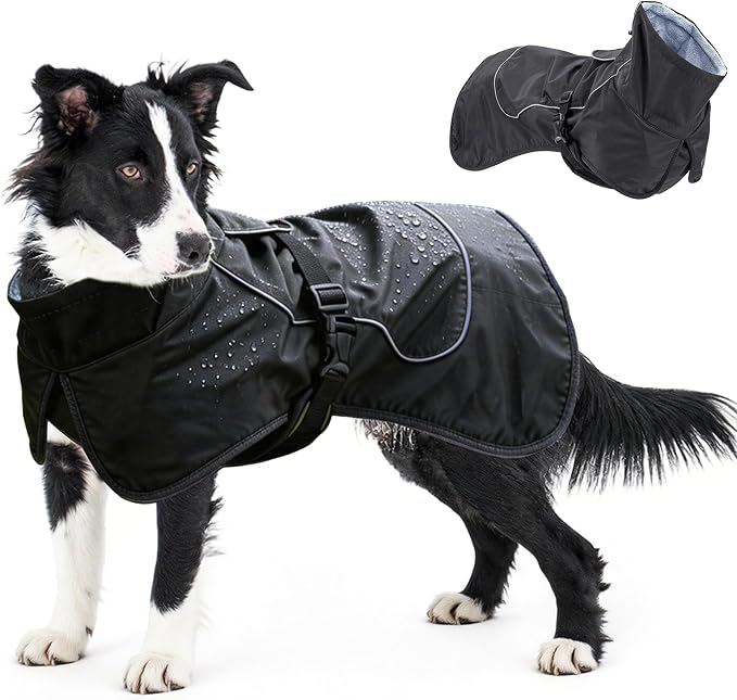 Waterproof Dog Raincoat, Windproof Rain Jacket with Velvet Lining for Outdoor Windy Weather, Breathable Full-Body Coverage Dry Suit Coat with Reflective Strips for Extra Big Dog (Black, XL)