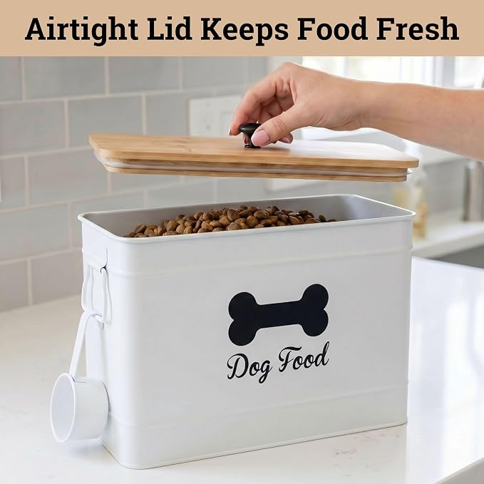 Metal Dog Food Container 15-20 lbs w/ Airtight Bamboo Lid, 70 Cup Capacity | Pet Jar For Dogs up to 100lbs, Airtight Bamboo Lid, Sturdy Comfortable Metal Handle, Powder Coated Iron, Kibble Storage Bin