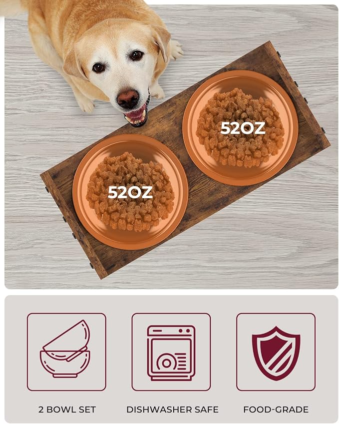 Vantic Elevated Dog Bowls, Adjustable Bowl Stand Large/XLarge, Rustic Brown | Particle Board Raised Dog Bowl Stand with 2 Stainless Steel Bowls for Large and Extra-Large Dogs