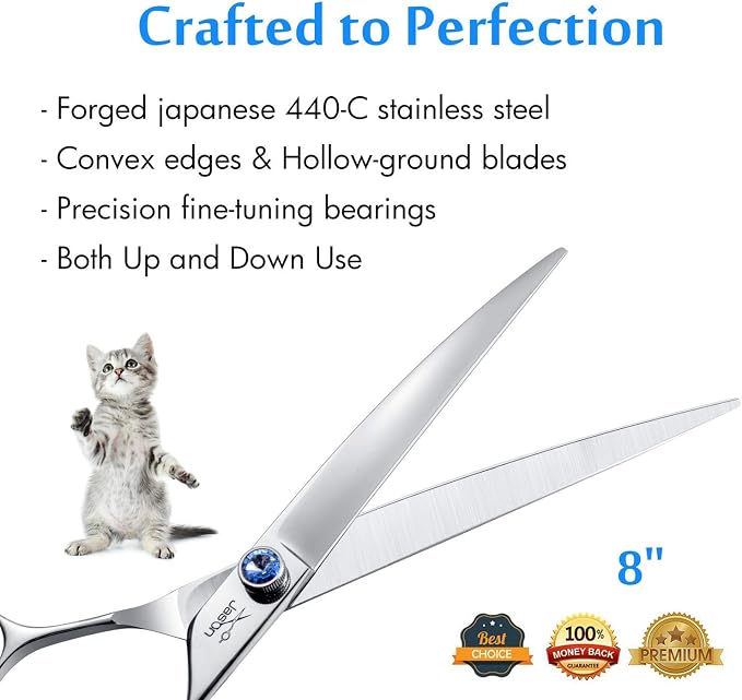JASON Curved Dog Grooming Scissors - 8" Cats Trimming Shears Right Handed | Ergonomic Pets Shear with Offset Handle and a Jewelled Screw for Right Handed Groomers Long Sharp Comfortable, Gift