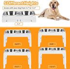 Elevated Dog Bowls with 2 Stainless Steel Food & Water Raised Bowls with No Spill Edge Non-Slip Stand Adjusts to 5 Heights(3.2", 8.77", 9.9",11.1", 12.3") for Small Medium Large Dog and Pet White