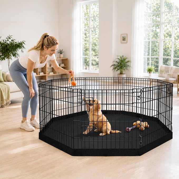 PETIME Foldable Metal Dog Exercise Pen/Pet Puppy Playpen Kennels Yard Fence Indoor/Outdoor 8 Panel 24" W x 36" H with Bottom Pad