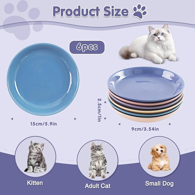 6 Pack Cat Food Bowl, Ceramic Cat Bowls, Anti Whisker Fatigue Cats Bowl Set | 5.5 Inches Shallow Wide Kitten Plates for Food and Water (CaiSe-A)