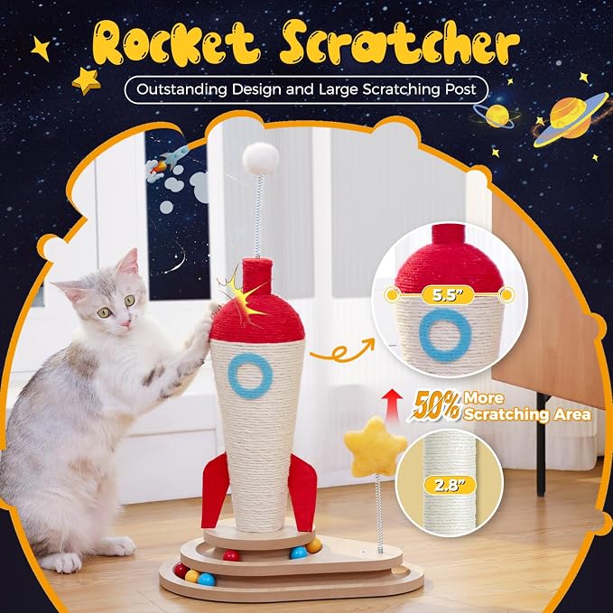 PETEPELA Cat Scratching Post, Rocket Sisal Cat Scratcher, 24.8'' Cute Scratching Post with 2-Layers Wooden Track Cat Toys & Spring Pompom for Indoor Cats Adults | Cute Scratching Post with 2-Layers Wooden Track Cat Toys & Spring Pompom for Indoor Cats ...