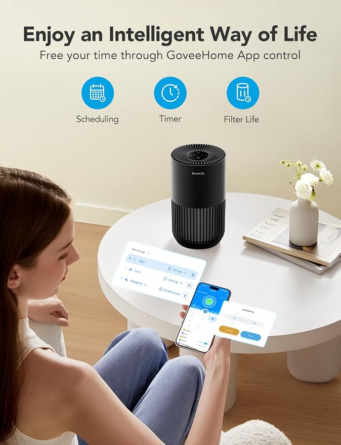 GoveeLife Smart Mini Air Purifier for Bedroom, with App & Alexa Control | HEPA Filter, Portable Air Cleaner with 3 Speeds, 2 Modes, Aroma for Pet Hair, Odors, Pollen, Home, Black