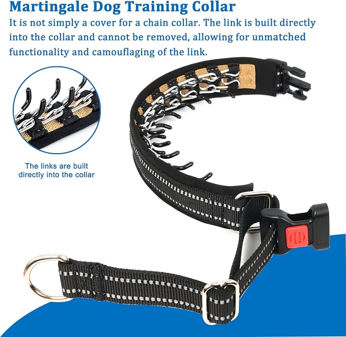 Mayerzon Martingale Collar No Pull for Small Medium Large Dogs | Black, L | Reflective, Patented Anti Pulling Dog Collar for Walking Training, Buckle, Adjustable, Safe for Night Walks, 2.5mm Links