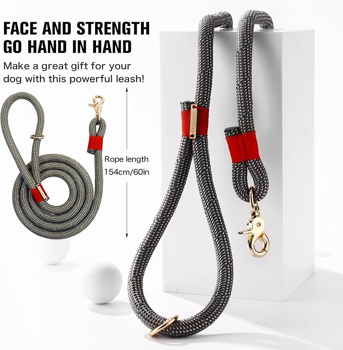 Nylon Rope Dog Leash, Silver Grey, 5 FT - 3/5" | Reflective, Handmade Braided, Heavy Duty, For Medium Large Dogs