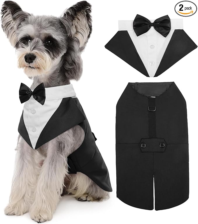 Kuoser Dog Tuxedo, Dog Suit and Bandana Set, Dogs Costume with D-Ring | Formal Dog Outfit with Detachable Bowtie Collar for Wedding, Birthday, Party, Christmas, Halloween, Black S