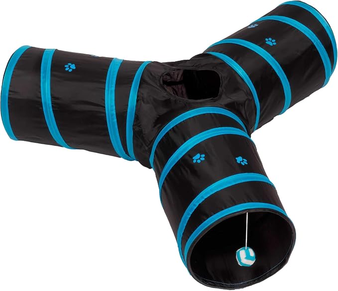 Cat Tunnel - Collapsible 3 Way Play Toy - Tube Fun for Rabbits, Kittens, and Dogs - Black/Aqua