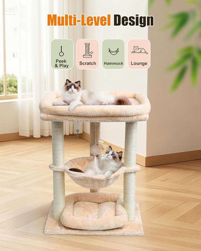SYANDLVY Small Cat Tree for Indoor Cats with Top Perch Hammock & Bottom Bed | Natural Sisal Scratching Post Tower with Hanging Bell Ball and Anti-Tip Strap, Stable Kittens Furniture, Beige