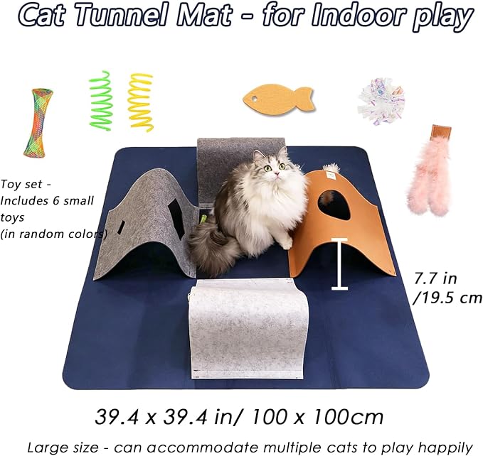 Cat Tunnel Mat for Indoor,4-Way Felt Cats Play Mat Cat Cave for Hide & Seek | Furphoria 39.4" Large Cat Tunnel with 6 Pcs Toys Set Interactive Cat Enrichment for Foldable Kitten Tunnel (Navy Blue)