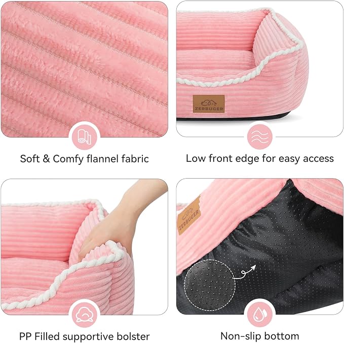 Cat Dog Bed for Pets, Rectangle Pet Bed Gift for Puppy and Kitten, Machine Washable Calming Fluffy Pet Couch Sofa for Indoor Outdoor, Portable Soft Cat Bed with Non-Slip Bottom (Small, Pink)
