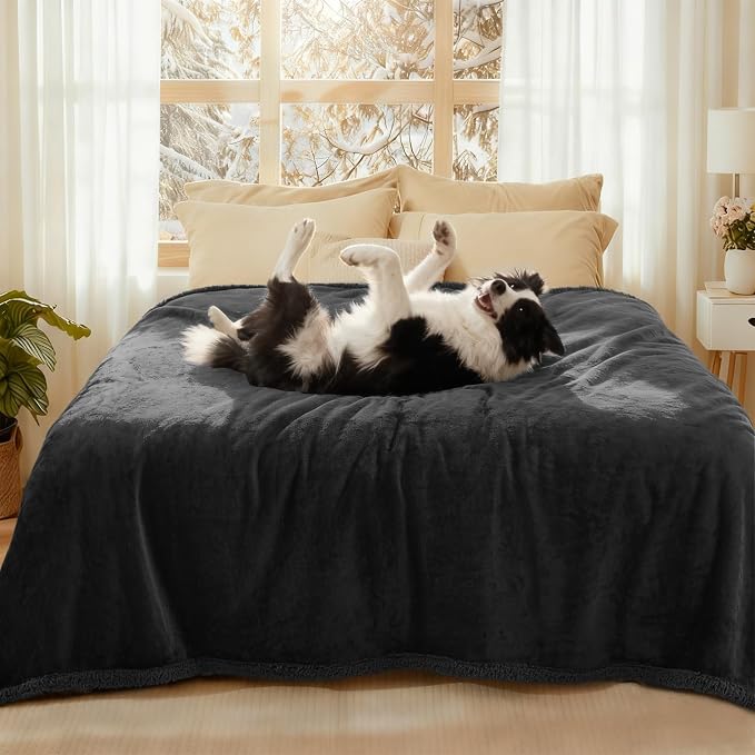 Luciphia Waterproof Bed Blanket Washable,Soft Sherpa Fleece Puppy Reversible Throw Blankets for Medium Large Dog Cat,Furniture Cover Protector Couch Bed from Liquid Pee and Pet Fur, Black,85" x 57"