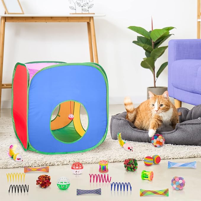 Retro Shaw 33 Pack Cat Toys Set with Tunnel, Large, 21.3Inches | Interactive Kitten Toys Packs, Feather Wand Kit, For Indoor Cats, Collapsible Tent