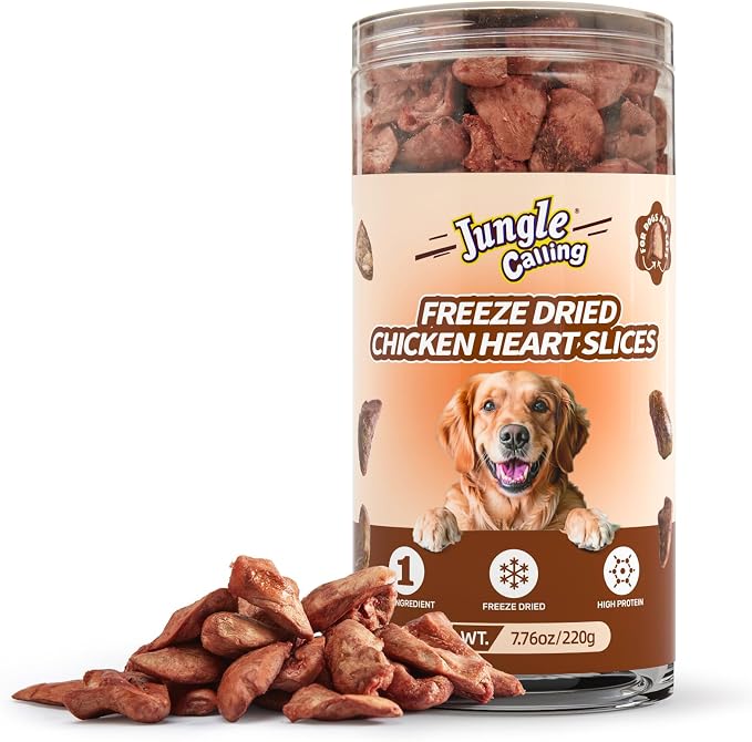 Jungle Calling Freeze Dried Chicken Hearts for Dogs & Cats, 7.76 oz | Single Ingredient, High Protein Organ Meat, Bite-Sized Chicken Heart Halves, Easy to Chew & Digest Training Treats & Toppers