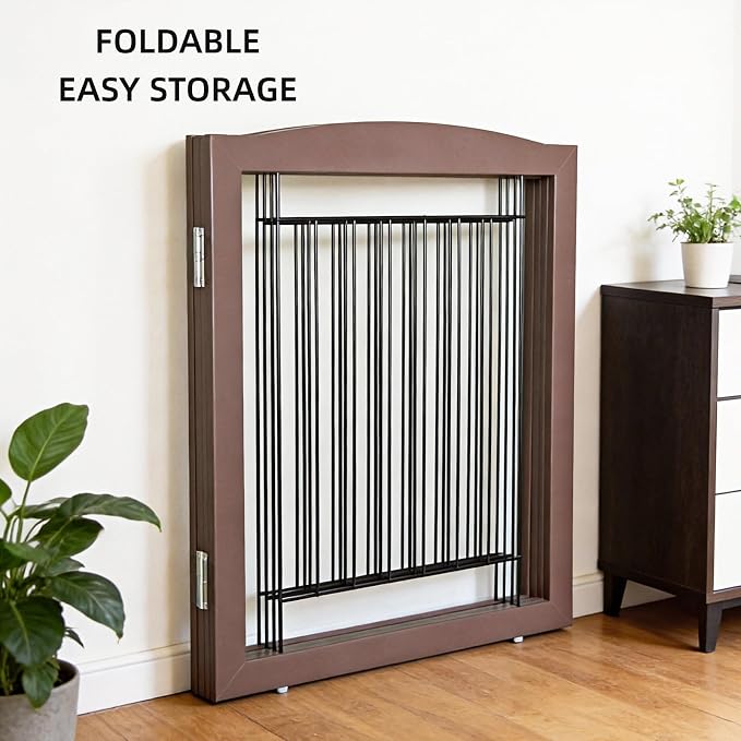 Dog Fence Indoor,Dog Gate Indoor for Doorway pet gate -4-Panel Freestanding, Hallways, House or Stairs -80x24-Inch Retractable Foldable Expandable Wood Pet by SFJC (Brown) ﻿