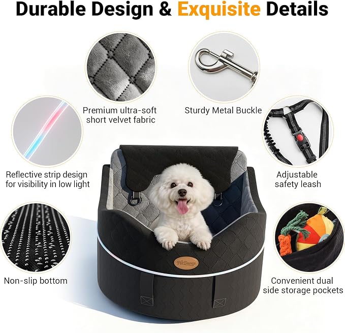 【Master Crafted for Medium Dogs】 PetDance Dog Car Seat with Anti-Tip Design | Cooling Cushion Dog Car Bed for Medium & Small Dogs Up to 50 lbs, 30% Extra Spacious, Anti-Slip Base, Hazy Silver Gray