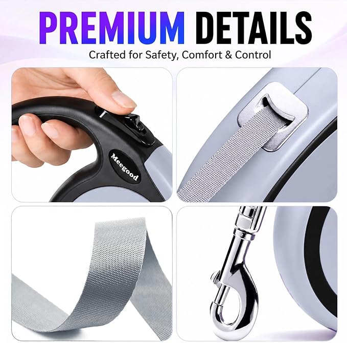 Double Retractable Dog Leash for Two Dogs Up to 115 lbs - 18.6 ft Coupler Leashes for Small Medium Dogs - One Locked System, Non Slip Grip, Tangle Free (Grey)
