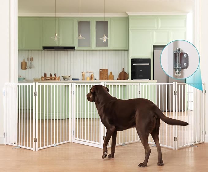 No Pawblems Full Metal Freestanding Dog Gate with Door, 30" Tall | Foldable Pet & Dog Fence for Stairs/Deck/Doorways, Indoor/Outdoor, Freestanding & Wall Mount, 156" Wide, 6 Panels, White