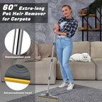 Carpet Rake for Pet Hair Removal, Reusable Carpet Scraper for Rug | Pet Hair Remover with 60” Adjustable Long Handle,Dog Cat Hair Remover Tool for Rugs, Mats, Couch(Grey)